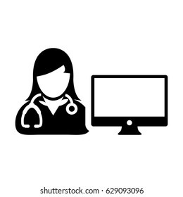 Woman Doctor Icon Vector with Computer Monitor Avatar for On line Consultation, Report and Data for Patient In Glyph Pictogram Symbol illustration