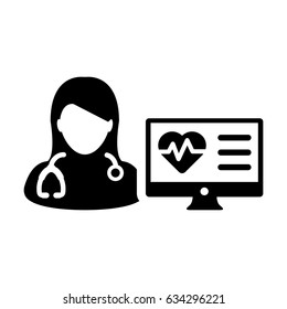 Woman Doctor Icon Vector With Computer Monitor Avatar With Heart Pulse And Medical Record Report And Data For Patient In Glyph Pictogram Symbol Illustration