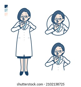 A woman doctor in a lab coat with be quiet hand sign images.It's vector art so it's easy to edit.