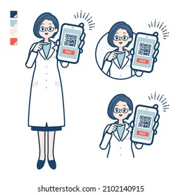 A woman doctor in a lab coat with cashless payment on smartphone images.It's vector art so it's easy to edit.