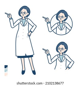A woman doctor in a lab coat with Explanation Pointing images.It's vector art so it's easy to edit.