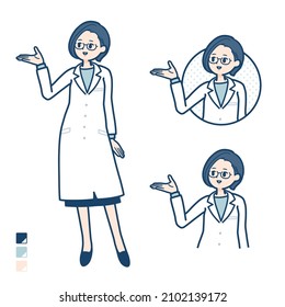 A woman doctor in a lab coat with Explanation images.It's vector art so it's easy to edit.