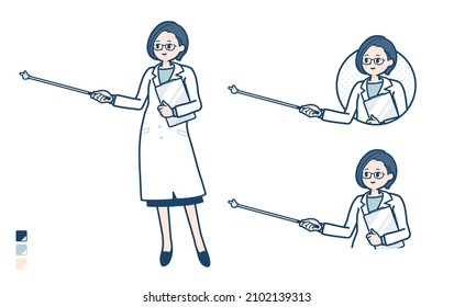 A woman doctor in a lab coat with Explanation with a pointing stick images.It's vector art so it's easy to edit.