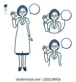 A woman doctor in a lab coat with greeting images.It's vector art so it's easy to edit.