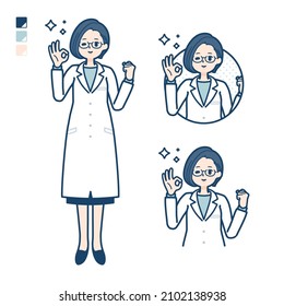 A woman doctor in a lab coat with OK sign images.It's vector art so it's easy to edit.