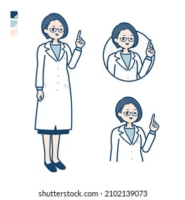 Una doctora en una bata de laboratorio con imágenes de señas con la mano apuntando. Es arte vectorial, así que es fácil de editar.