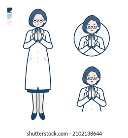 A woman doctor in a lab coat with press hands in prayer images.It's vector art so it's easy to edit.