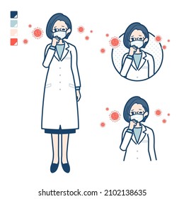 A woman doctor in a lab coat with Put on a mask and cough images.It's vector art so it's easy to edit.