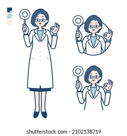 A woman doctor in a lab coat with Put out a circle panel images.It's vector art so it's easy to edit.