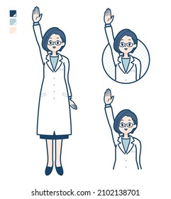 A woman doctor in a lab coat with raise hand images.It's vector art so it's easy to edit.