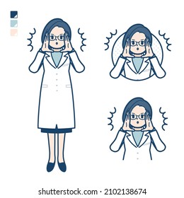 A woman doctor in a lab coat with Warned loudly images.It's vector art so it's easy to edit.