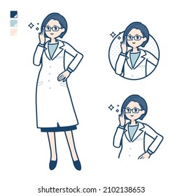 A woman doctor in a lab coat with Wearing glasses images.It's vector art so it's easy to edit.
