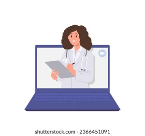 Woman doctor in lab coat writing in patient card new prescription about treatment on laptop screen