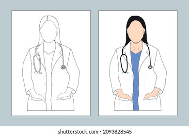Woman doctor line art illustration. Female doctor flat design. Doctor coloring page line art. Medical doctor coloring page vector. Female nurse with stethoscope line art. Coloring page SVG cut file. svg