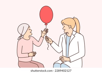 Las mujeres doctoras y las niñas que sufren de cáncer con globo están en la clínica oncológica después de la quimioterapia. Enfermero de apoyo a niños que sufren cáncer y rehabilitación debido a la radiación recibida