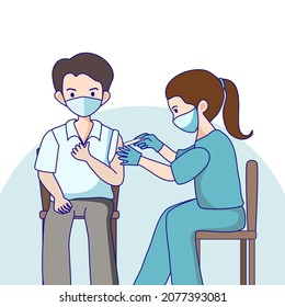 Woman doctor makes an injection of flu vaccine, medicine to a man. Vaccination, immunization, disease prevention concept. Healthcare cartoon character design vector illustration