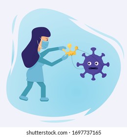 A woman doctor in a mask and gloves fights with a coronavirus, taking away his crown