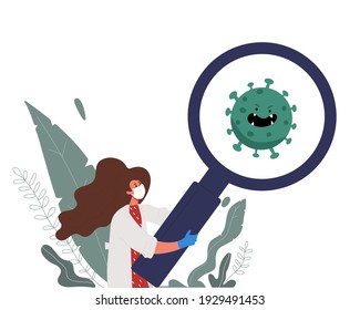 A woman doctor and a mask holds a magnifying glass. Coronavirus detected. Rapid detection and destruction of COVID-19.