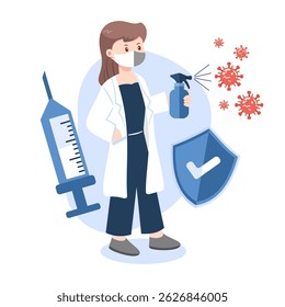 Médica mulher com máscara, spray de desinfetante, seringa e escudo de proteção contra vírus. Saúde e prevenção.