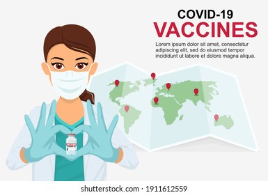 A woman doctor in a mask shows her heart with her hands and holds a vaccine against coronavirus. Suitable banner, flyer. Vaccination of people. Coronavirus Covid-19 concept.