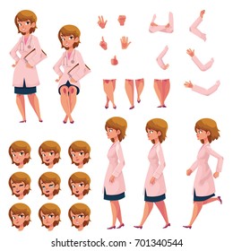 Woman, doctor in medical coat creation set with choice of poses, gestures, emotions, cartoon vector illustration on white background. Doctor creation set, constructor, changeable face, legs, arms