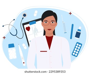 Woman doctor and medical items. Health сare сoncept. Physician in white medical coat. Labor day. International Nurses Day.