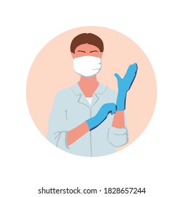 Woman doctor in a medical mask puts on gloves. Vector illustration in nice natural colors.  It can be used as icon for beauty and SPA site, blogs of cosmetologist