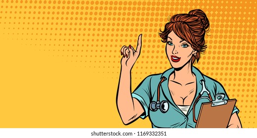 woman doctor, medical profession. Comic cartoon pop art retro vector illustration drawing