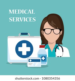woman doctor with medical services icons