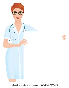 Woman doctor in medical uniform holding a blank white board vector illustration