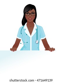 Woman doctor in medical uniform holding a blank white billboard vector illustration