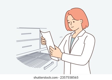 Woman doctor or medical worker stands in archive of hospital and takes out patient questionnaire from closet. Girl doctor in white coat studies information about diseases and dangerous viruses