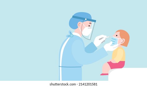 Woman doctor or medical worker testing a child with nasal swab to test her positivity to covid-19 or coronavirus. Flat vector illustration with profile portraits. Pcr or antigen child testing.