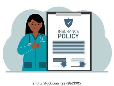 Woman doctor next to the insurance policy. Vector flat illustration