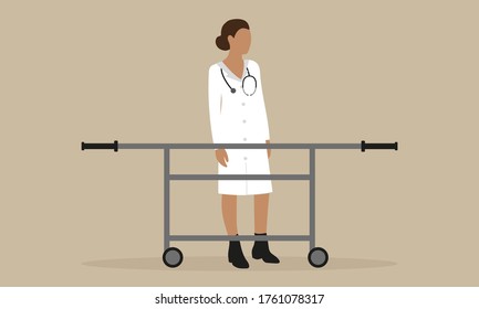 Woman doctor next to a wheeled stretcher on a beige background