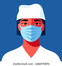 Woman as doctor or nurse. Female character in medical uniform and face mask. Coronavirus epidemic. Vector illustration