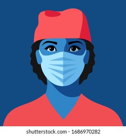 Woman as doctor or nurse. Female character in medical uniform and face mask. Coronavirus epidemic. Vector illustration