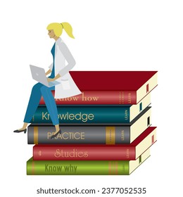 Woman doctor, nurse, health care people sitting on pile of books with laptop. Isolated. Vector illustration.