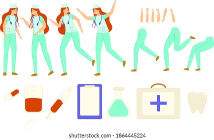 Woman Doctor or Nurse Hospital Worker Character Constructor for Animation with Equipment Flat Cartoon Vector Illustration. Medical Staff in Uniform. Body Parts in Positions. Medical Kit.