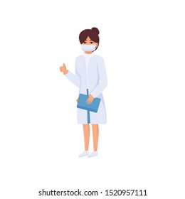 Woman doctor or nurse at mask demonstrating thumbs up hand gesture, successful treatment. Doctor wearing smock. Female cartoon character