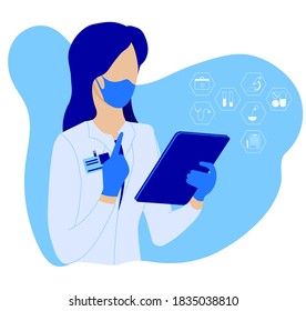 woman doctor, nurse in protective medical mask with tablet in her hands reads diagnosis to patient and prescribes course of treatment. Vector