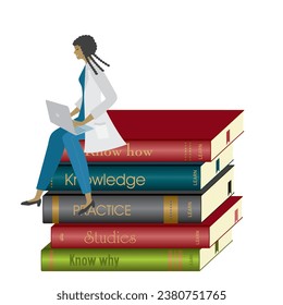 Woman doctor, nurse, scientist, sith laptop sitting on a pile of books. Isolated. Vector illustration.