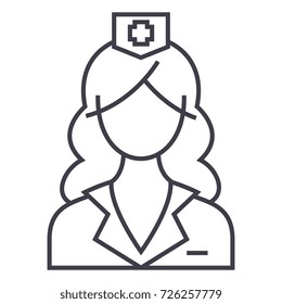 woman doctor, nurse vector line icon, sign, illustration on background, editable strokes