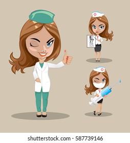 Woman doctor or nurse in a vector, Set of three female doctors in different poses, vector illustration