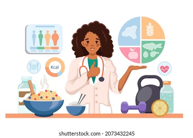 Woman doctor nutritionist, health icons. Nutrition and diet therapy, medical consultation online. A program with physical activity and healthy eating. Vector illustration in cartoon style