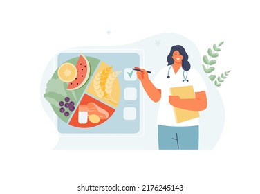 Woman doctor nutritionist with a plate of healthy food. Micronutrients and vitamins, healthy lifestyle concept vector