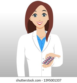 A woman doctor offers medicine on an open palm. Vector illustration for design