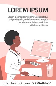 Woman doctor in the office. Desk and computer. Medical diagnostics and treatment. Visit clinic, consultation specialist. Health care. Design for poster, banner, website. Cartoon vector illustration