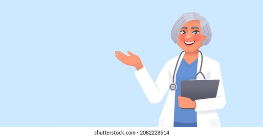 Woman doctor on a blue background indicates something. Advertising of professional medical care services of a private clinic. Web banner. Vector illustration in cartoon style