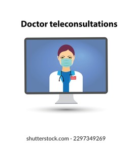Woman doctor on a computer monitor with the text doctor teleconsultations